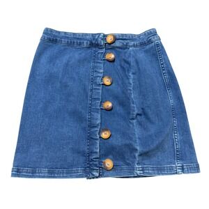 Free People Denim Mini Skirt Button Front Medium Wash Blue‎ Size 10 A-Line